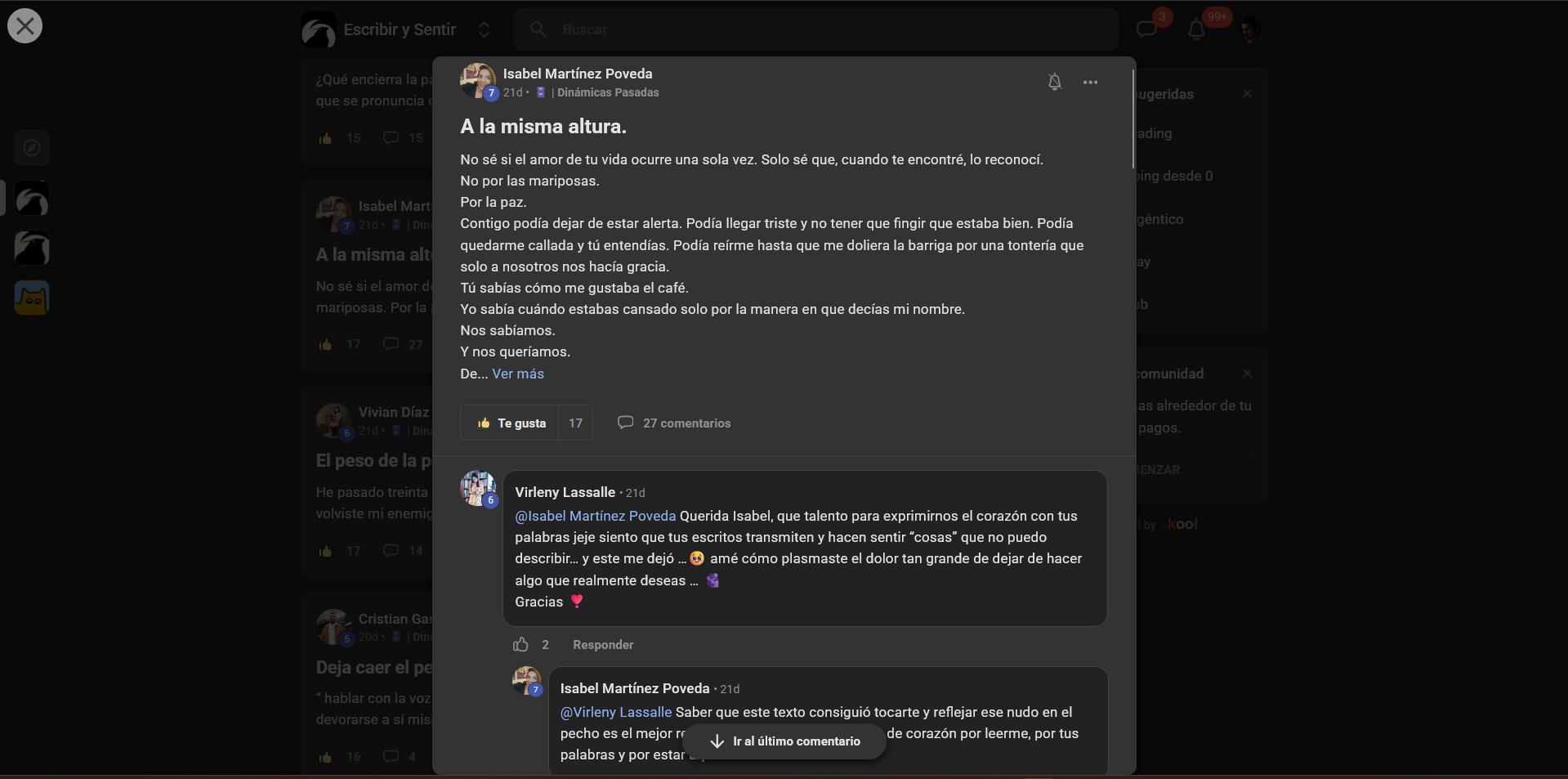 Publicación «A la misma altura», de Isabel Martínez Poveda, con un fragmento de su texto, 17 me gusta y 27 comentarios.